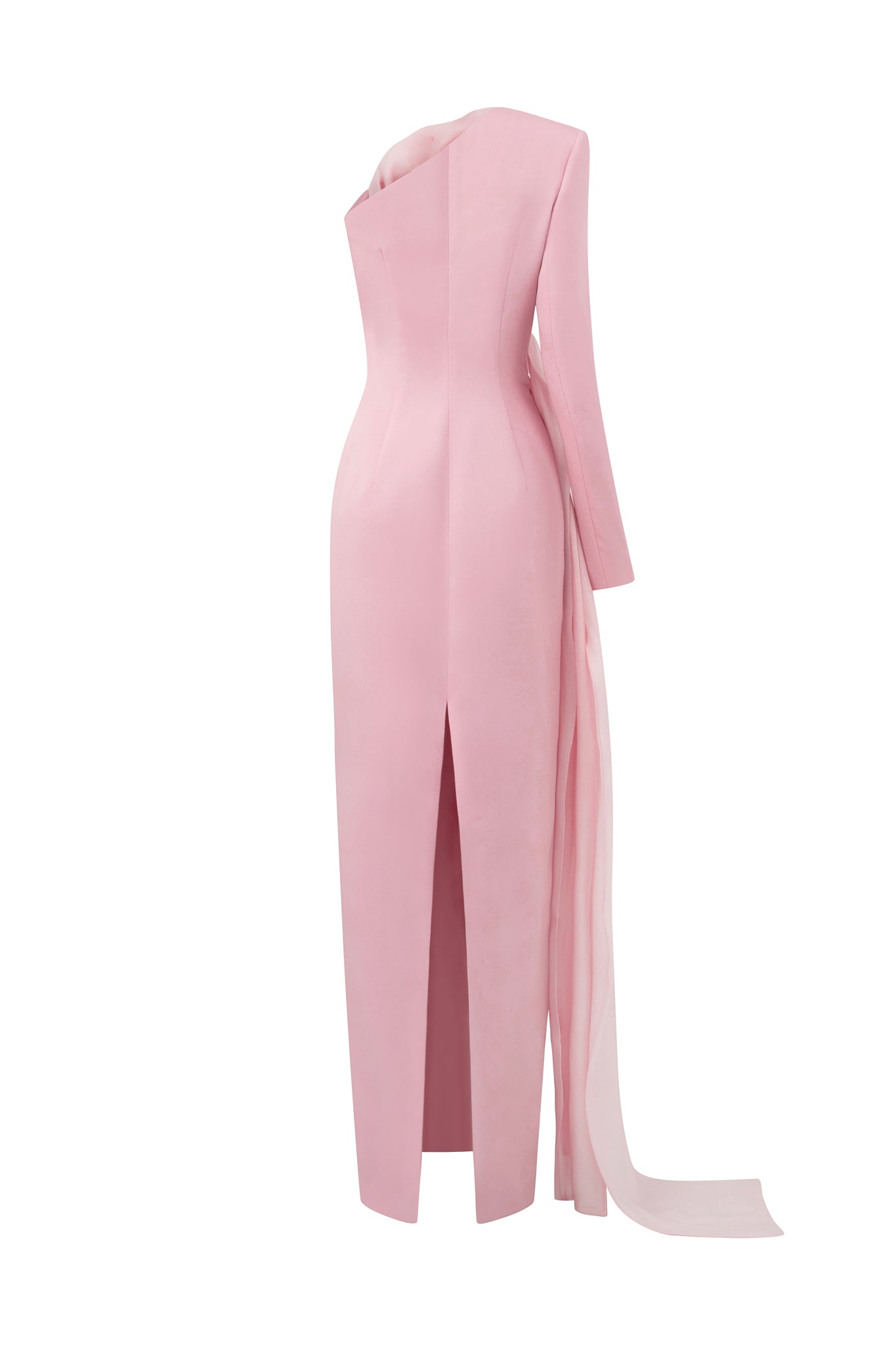 Column Evening Gown With One Shoulder, Long Sleeve And Draped Rose On Side Chest