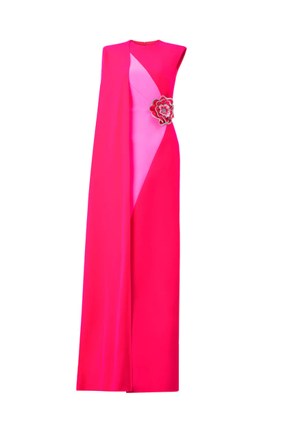 Column Evening Gown With Side Waist Patched And Attached One Shoulder Long Cape