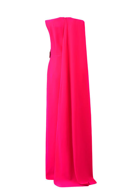 Column Evening Gown With Side Waist Patched And Attached One Shoulder Long Cape