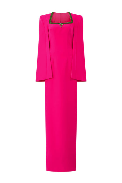 Column Evening Gown With Trapeze Neckline And Long Slit Sleeves