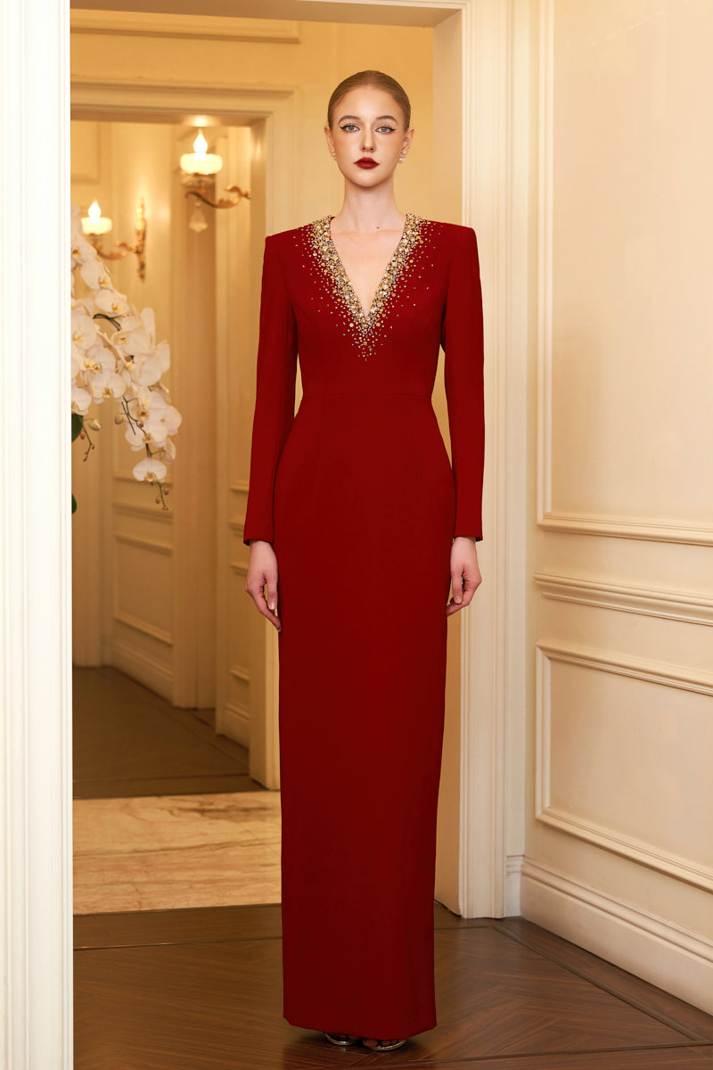 Column Evening Gown With V-Neckline And Long Sleeves