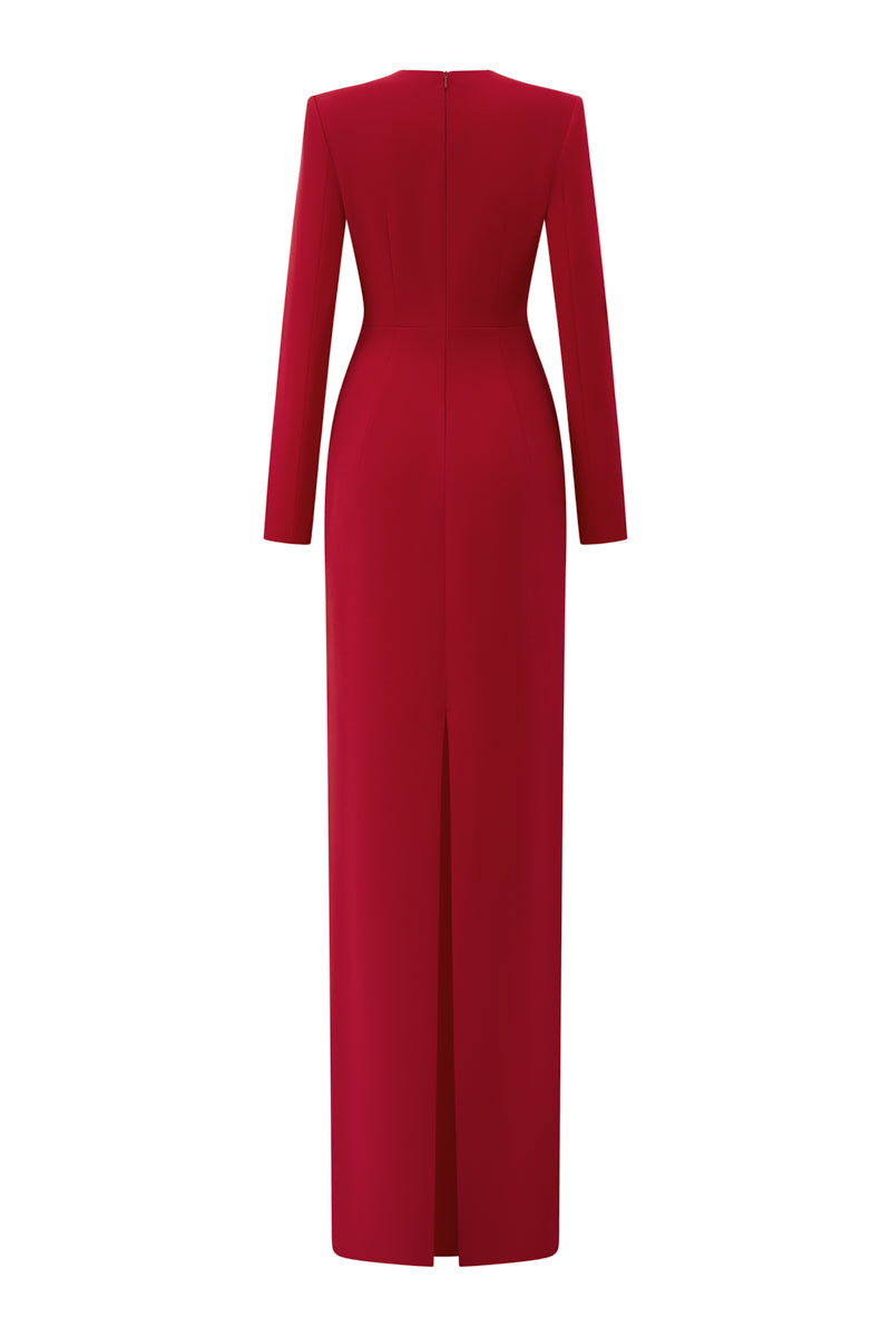 Column Evening Gown With V-Neckline And Long Sleeves