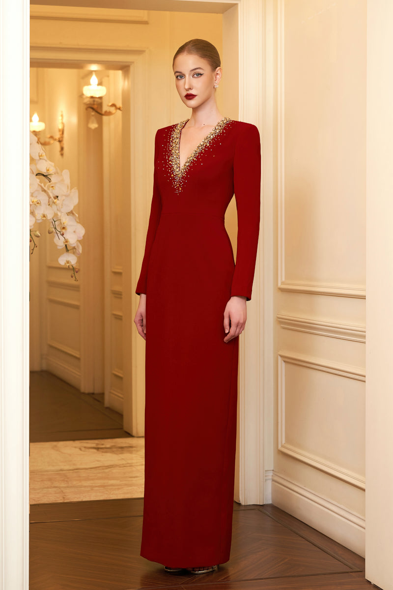 Column Evening Gown With V-Neckline And Long Sleeves