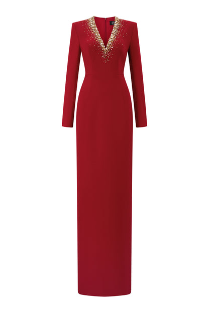 Column Evening Gown With V-Neckline And Long Sleeves