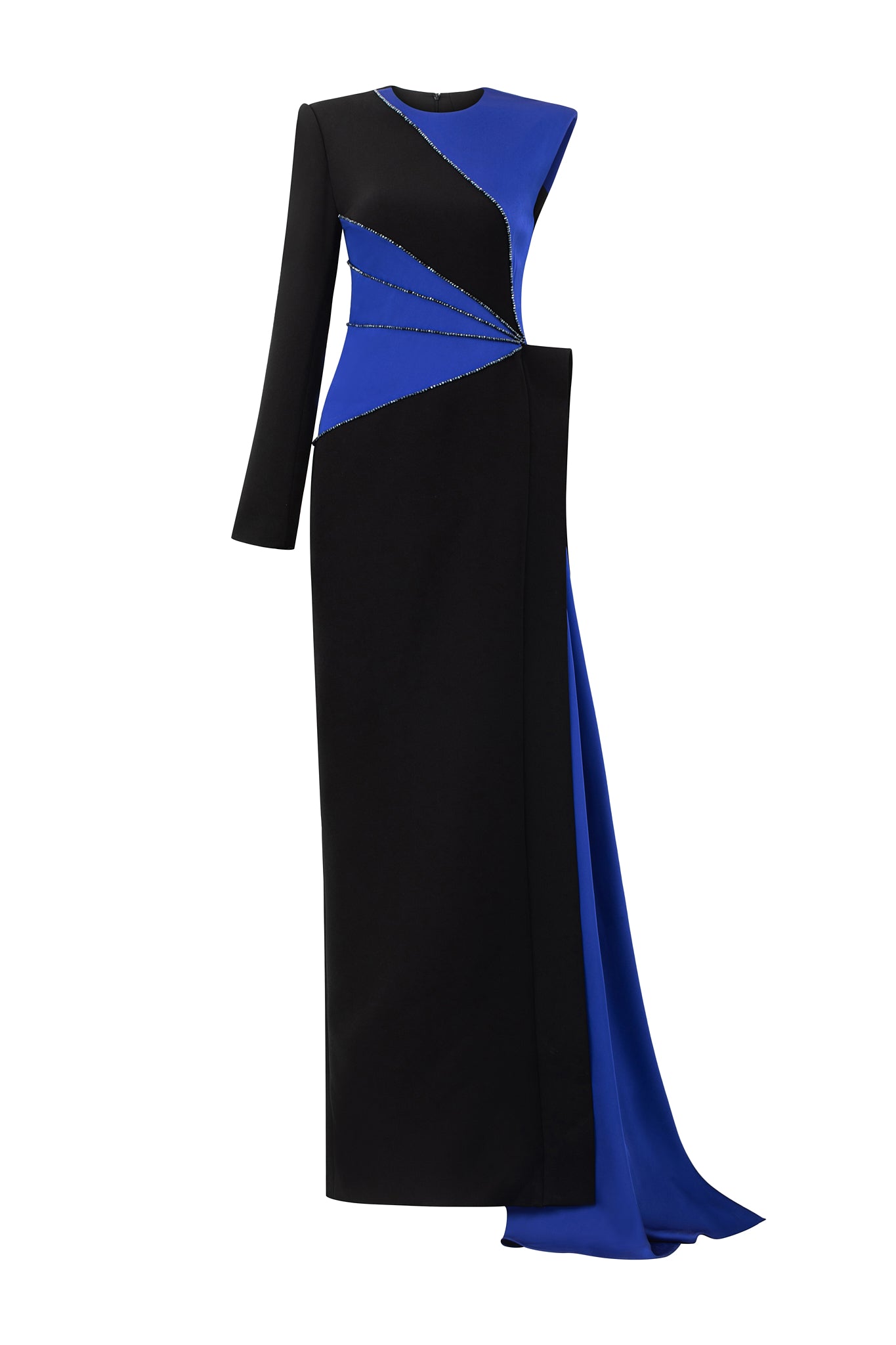 Column Evening Gown With One Long Sleeve, Color Patched And Side-Attached Ribbon