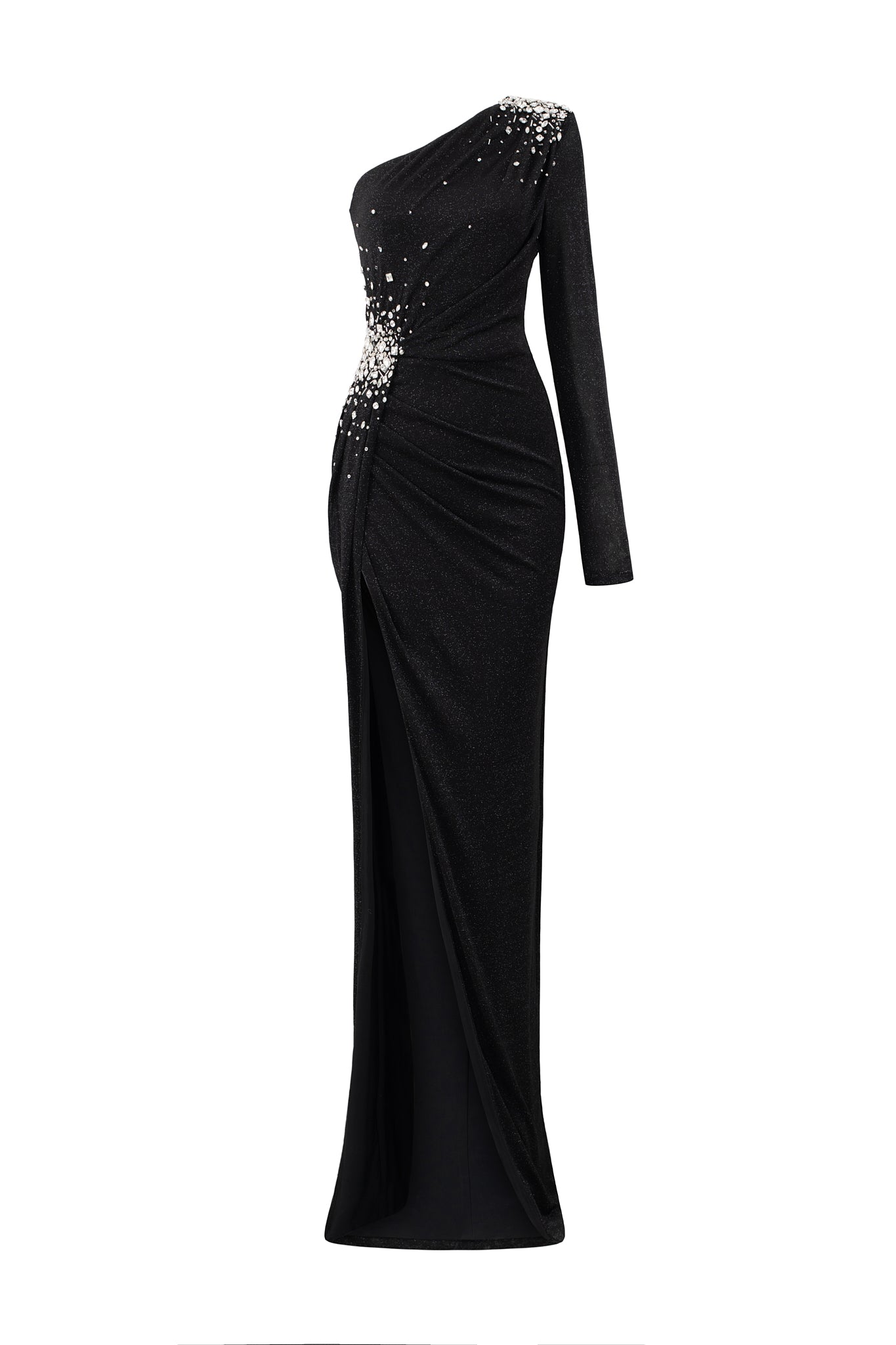 Column Evening Gown With One Shoulder, Long Sleeve, Waist Draped Detail And Side Slit