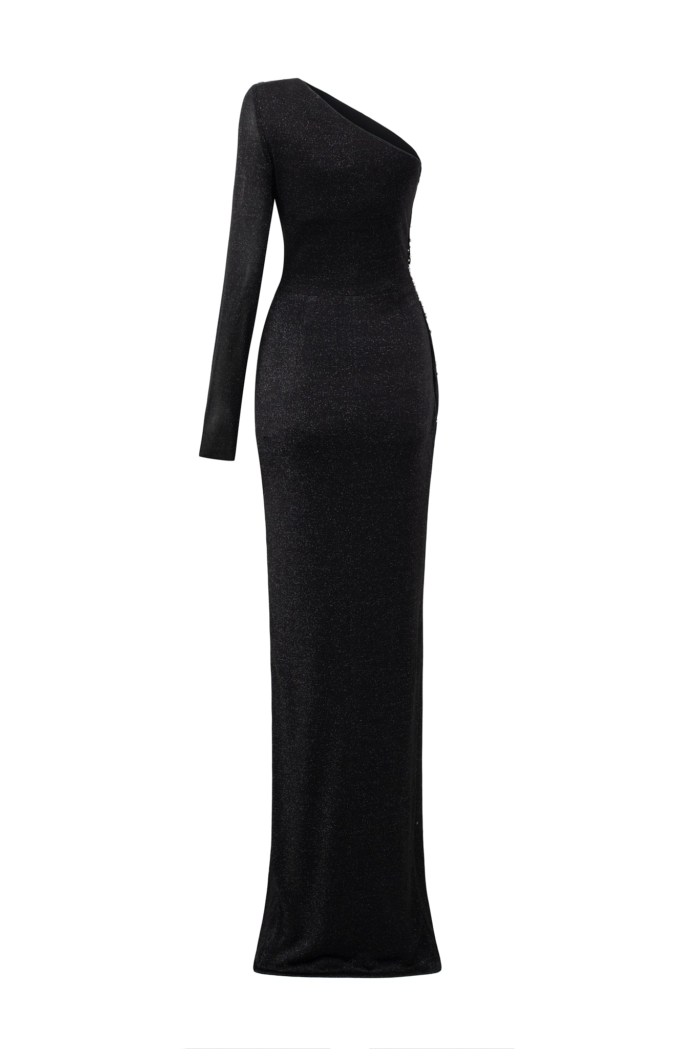 Column Evening Gown With One Shoulder, Long Sleeve, Waist Draped Detail And Side Slit