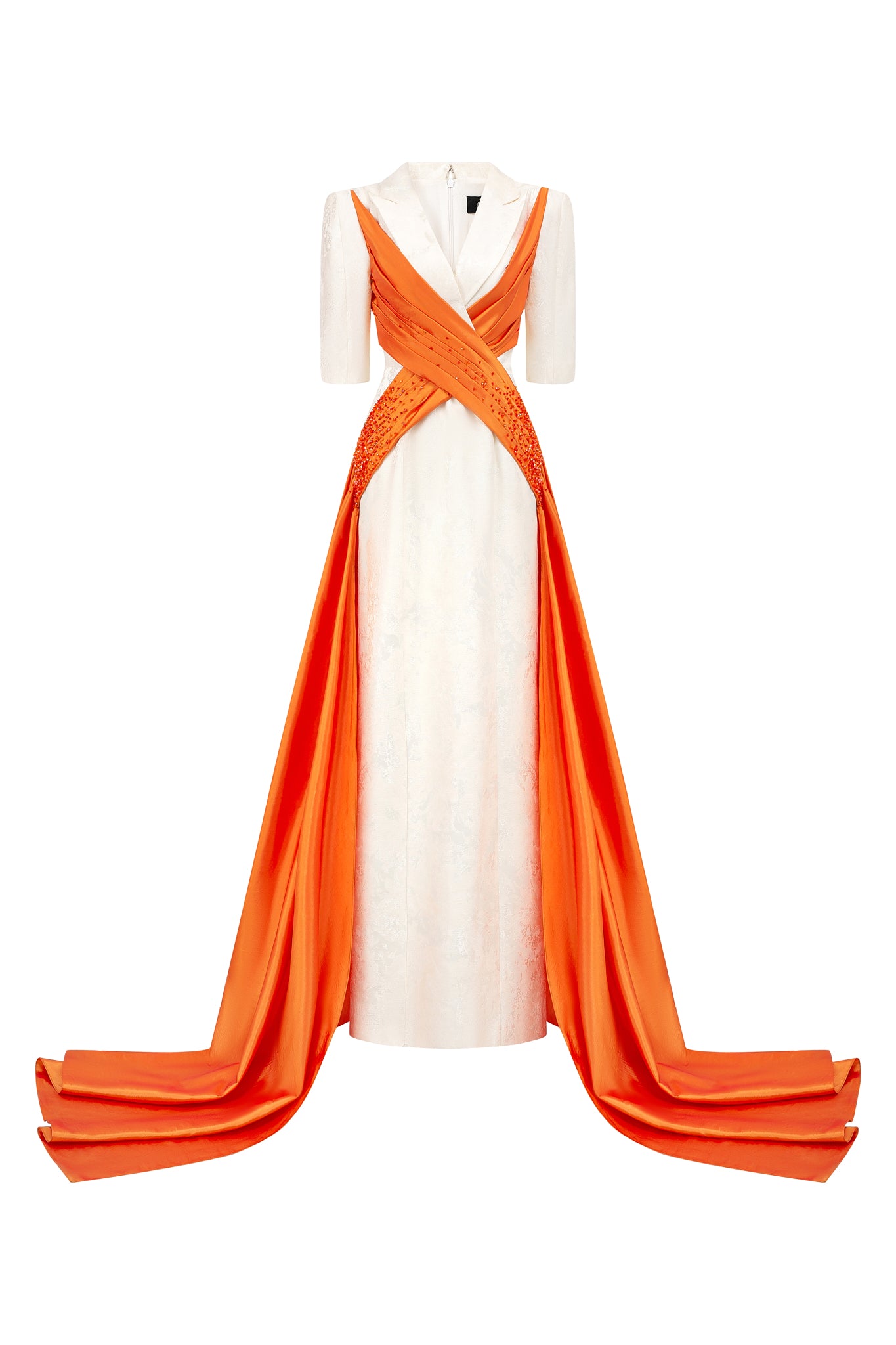 Column Evening Gown With Peak Lapel Collar And Crossed Wrapped Ribbons