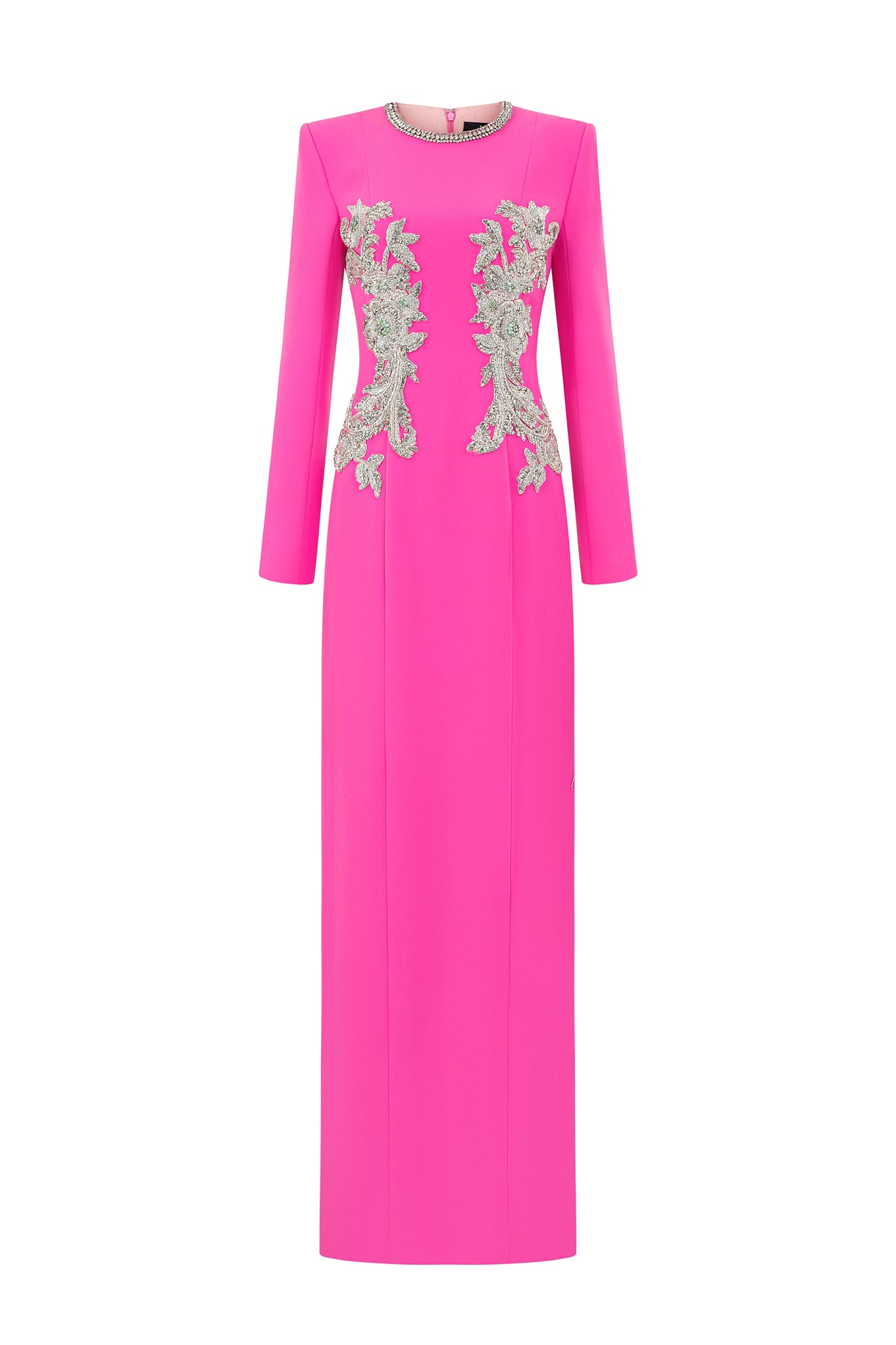 Column Evening Gown With Round Neckline And Long Sleeves