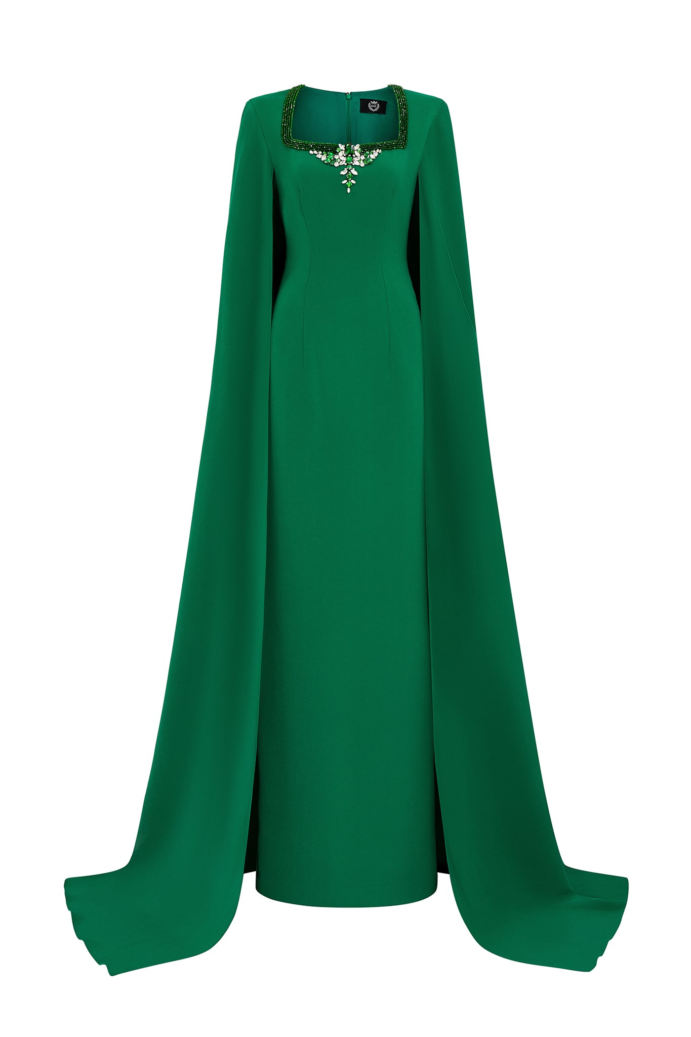Column Evening Gown With Trapeze Neckline And Attached Long Cape