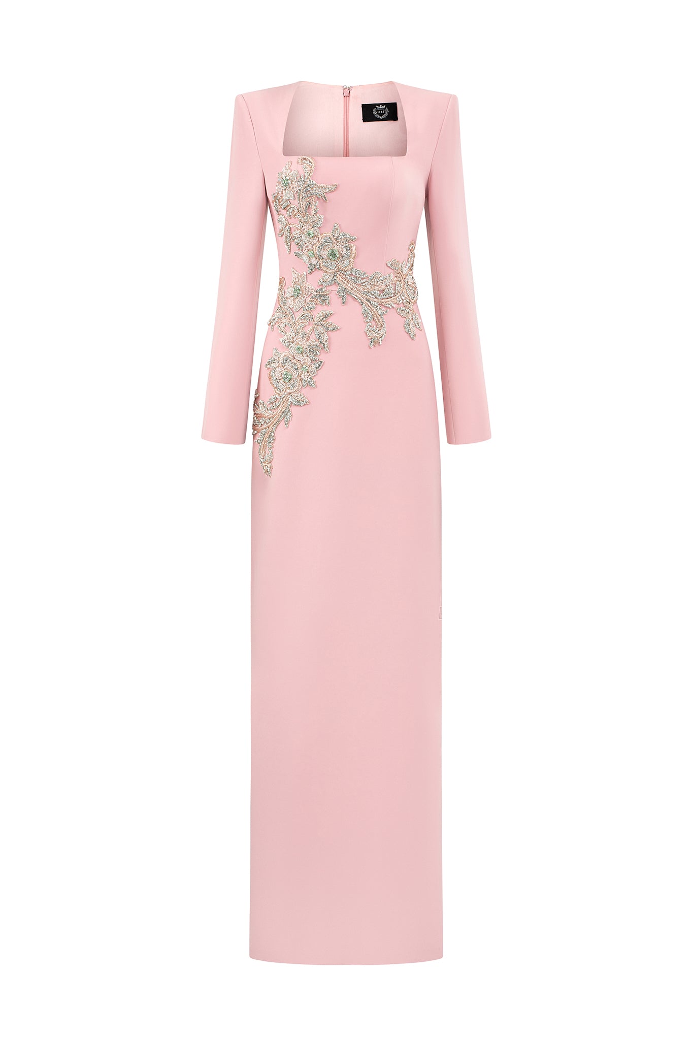 Column Evening Gown With Trapeze Neckline And Long Sleeves