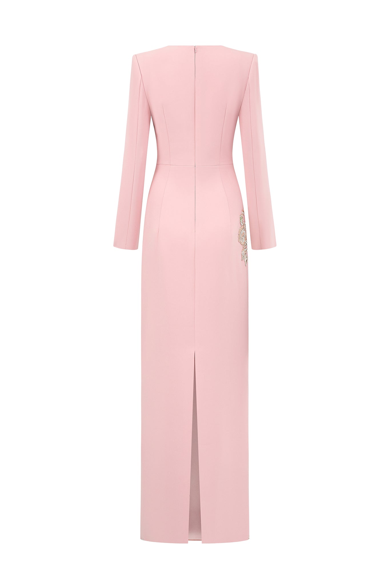 Column Evening Gown With Trapeze Neckline And Long Sleeves