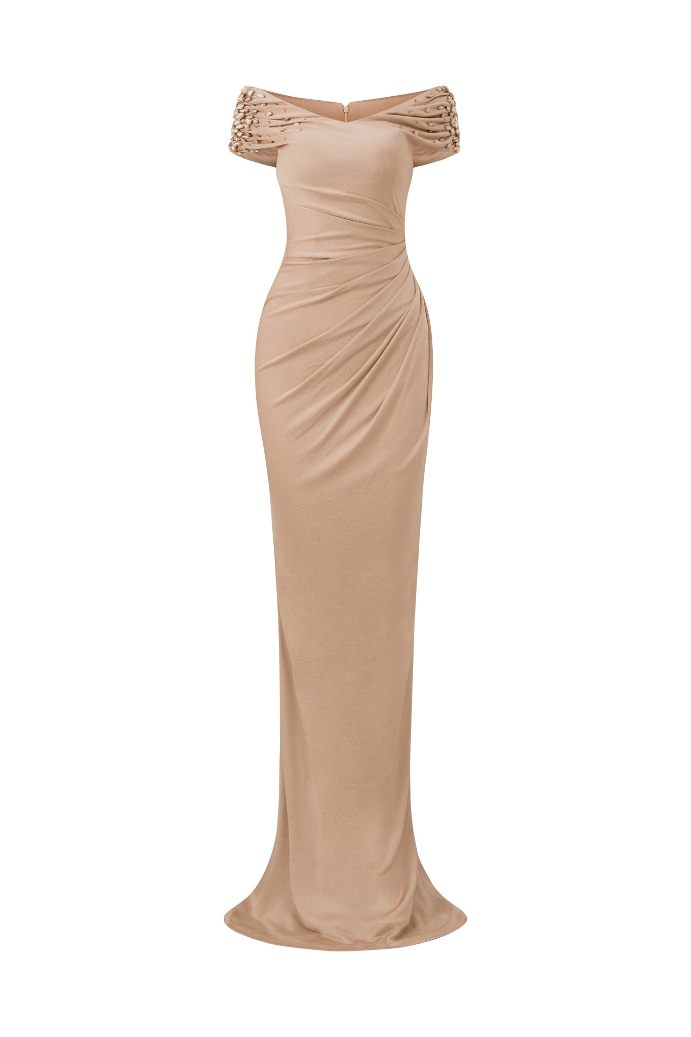 Column Evening Gown With Waist And Off-Shoulder Draped Details