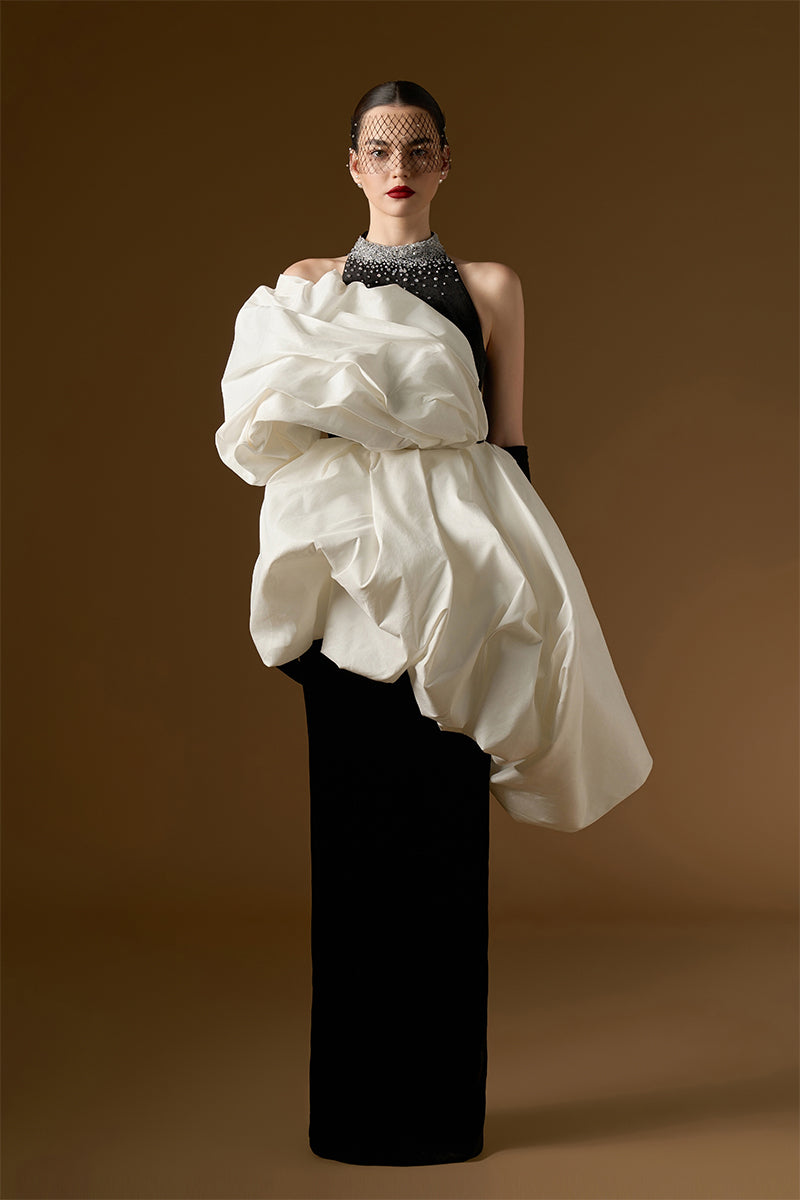 Column Gown With Draped Bouffant