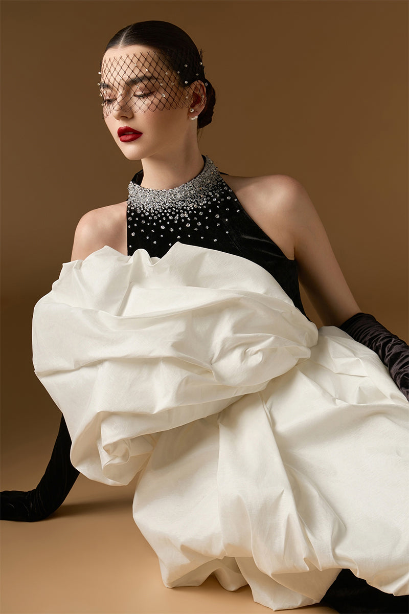 Column Gown With Draped Bouffant