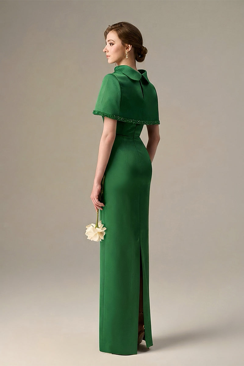 Green Taffeta Dress With A Cropped Cape And Inverted Lapel