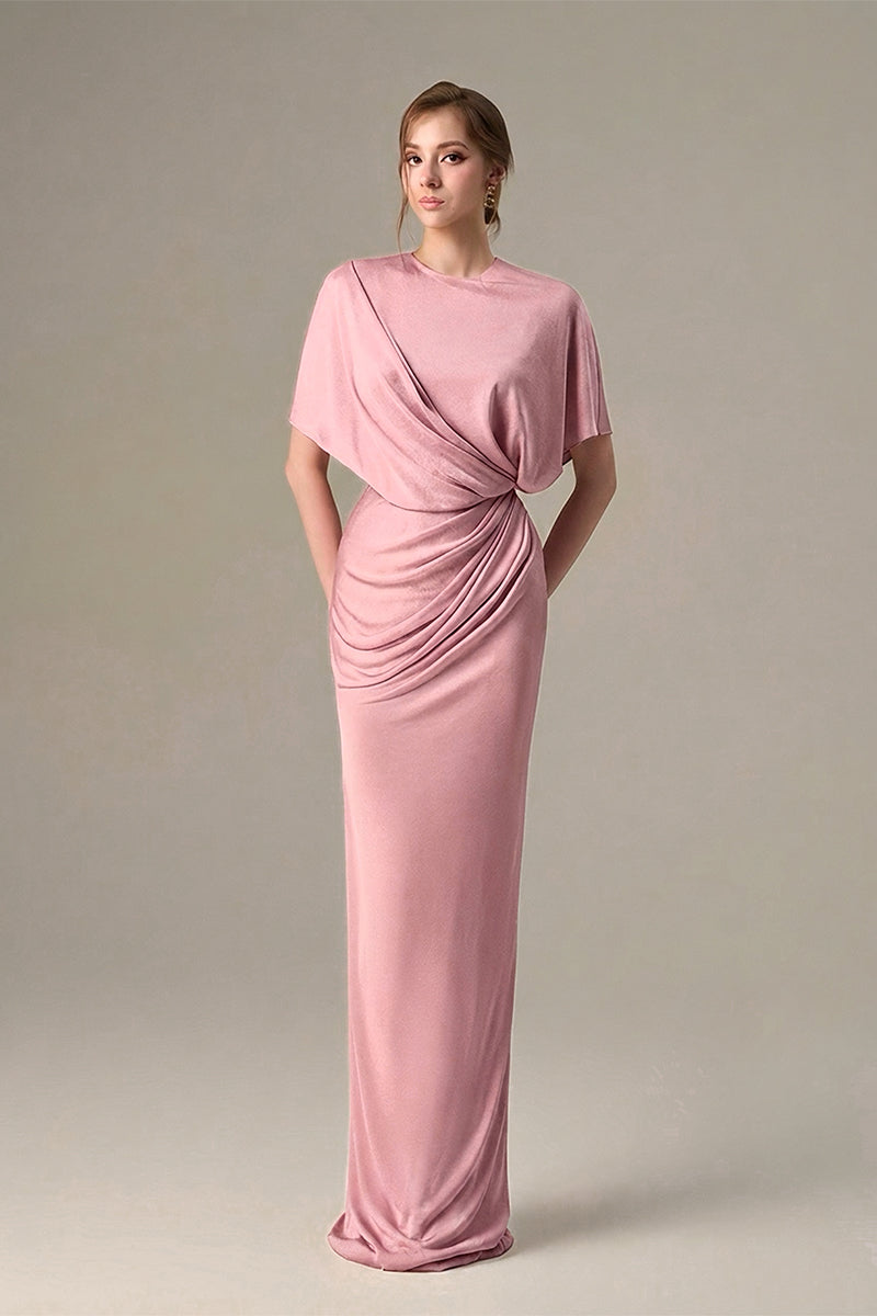 Dark Pink Jersey Dress Wth Gathered Waist And Tie Detail