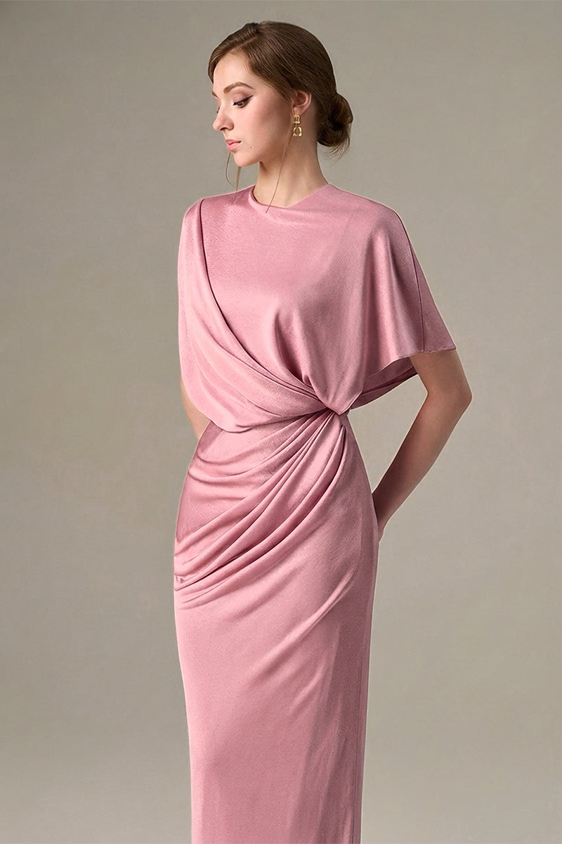 Dark Pink Jersey Dress Wth Gathered Waist And Tie Detail
