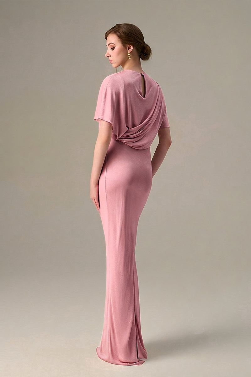 Dark Pink Jersey Dress Wth Gathered Waist And Tie Detail
