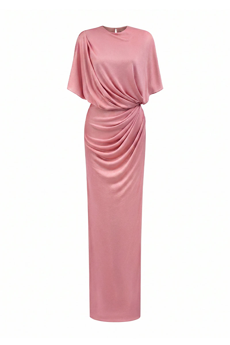 Dark Pink Jersey Dress Wth Gathered Waist And Tie Detail