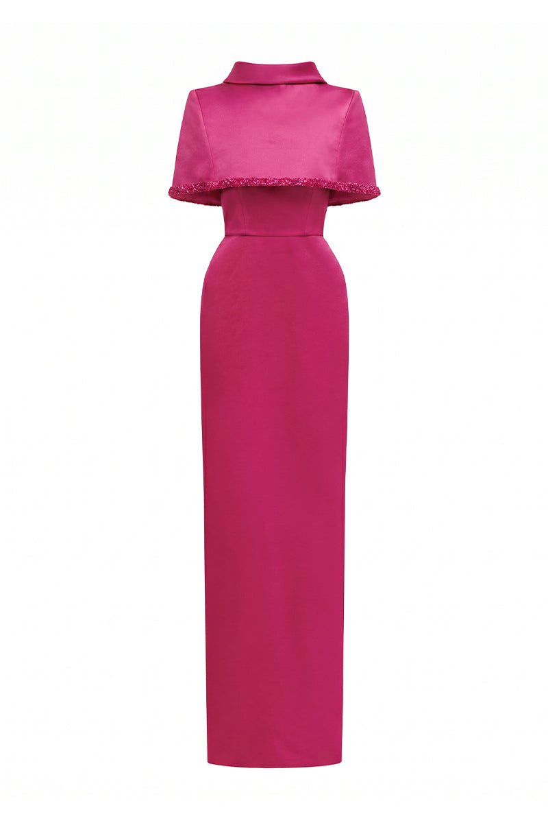 Pink Taffeta Dress With A Cropped Cape And Inverted Lapel