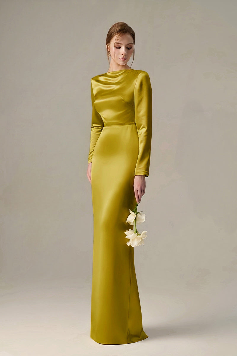 Gold Long-Sleeve Satin Silk Dress With A Draped Back Neckline And Tie Detail