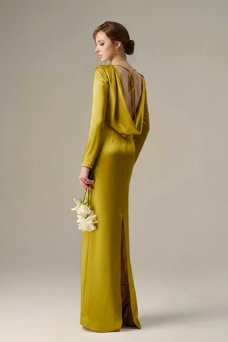 Gold Long-Sleeve Satin Silk Dress With A Draped Back Neckline And Tie Detail