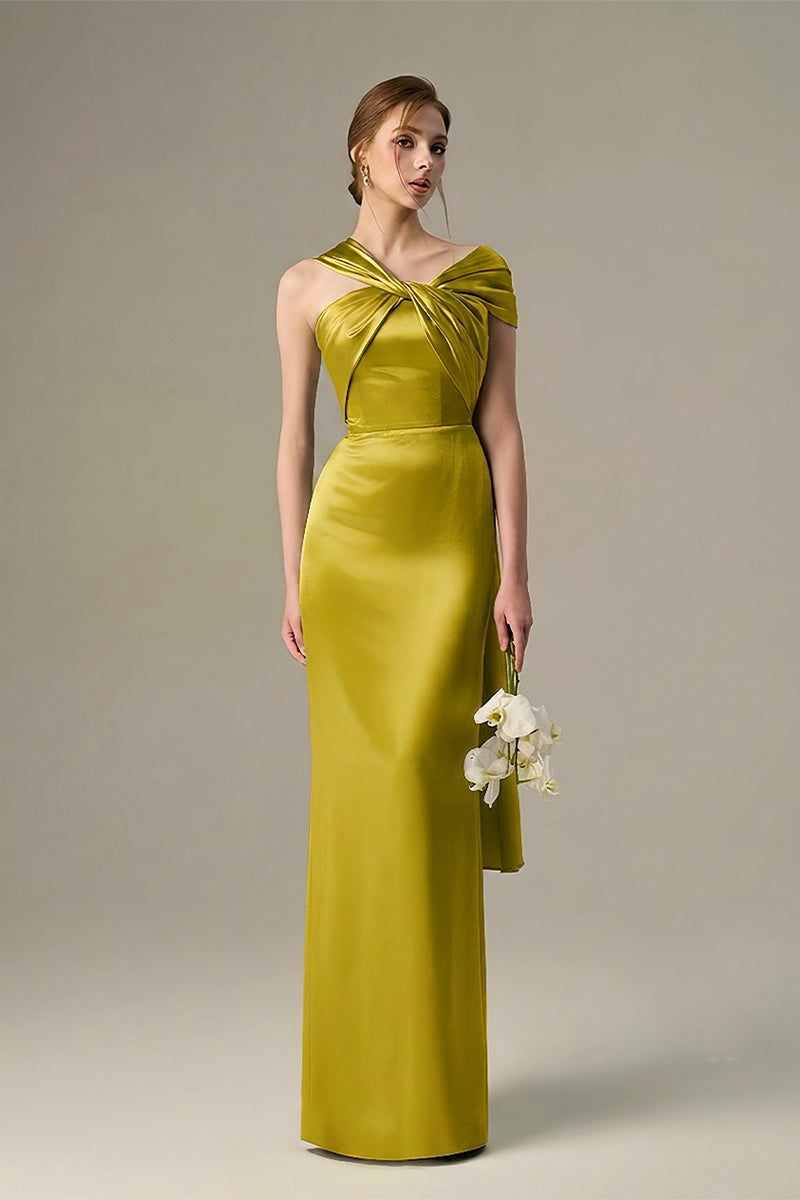 Yellow Satin Silk Dress With Twisted Cross And Pleated Drape