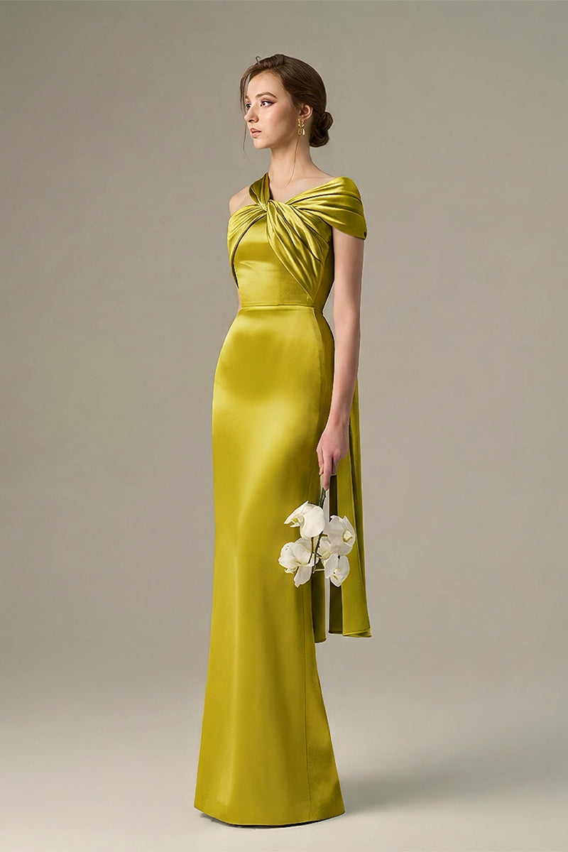 Yellow Satin Silk Dress With Twisted Cross And Pleated Drape