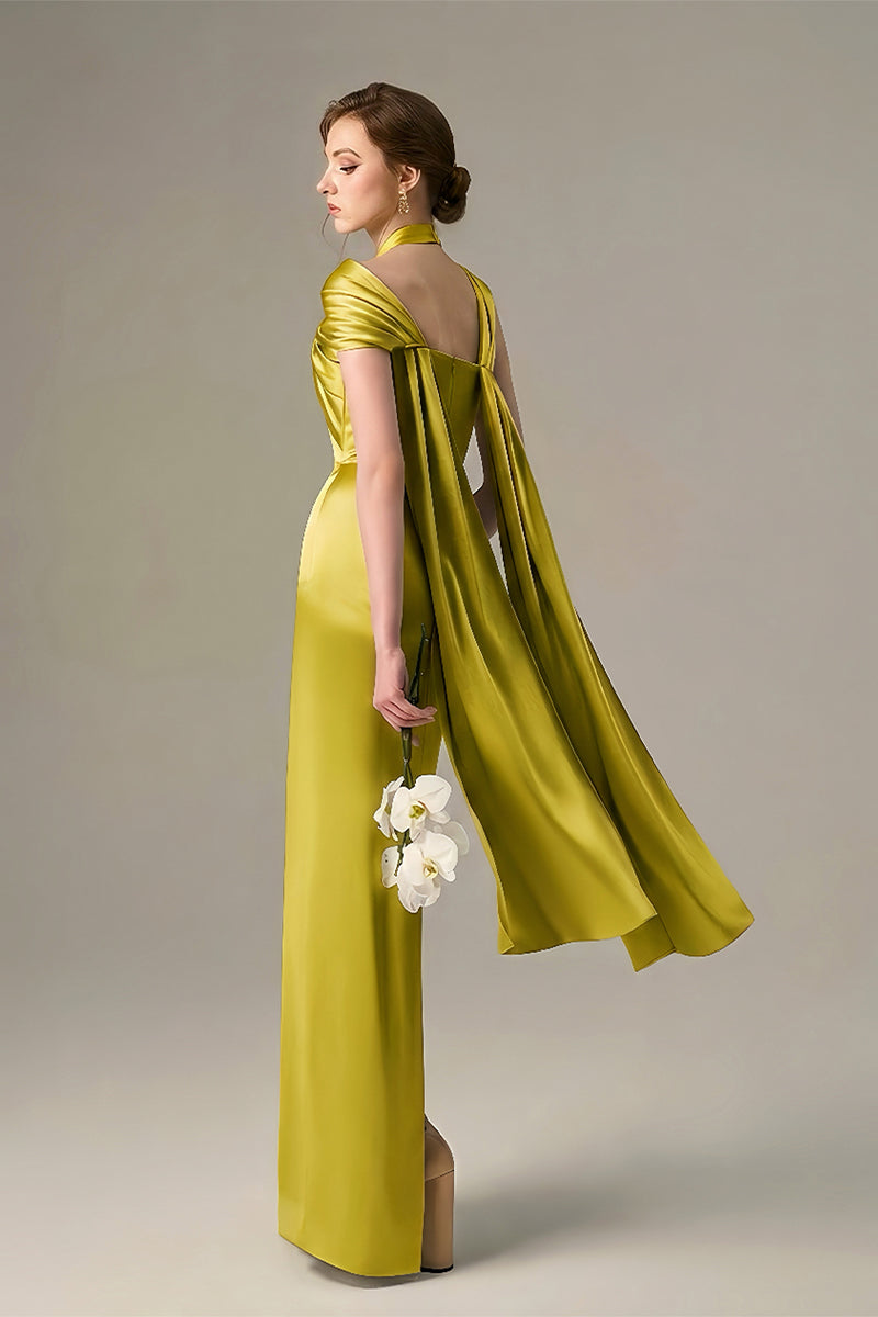Yellow Satin Silk Dress With Twisted Cross And Pleated Drape