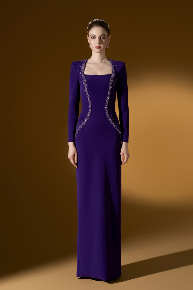 Embellished Trapeze Neck Column Gown With Long Sleeves