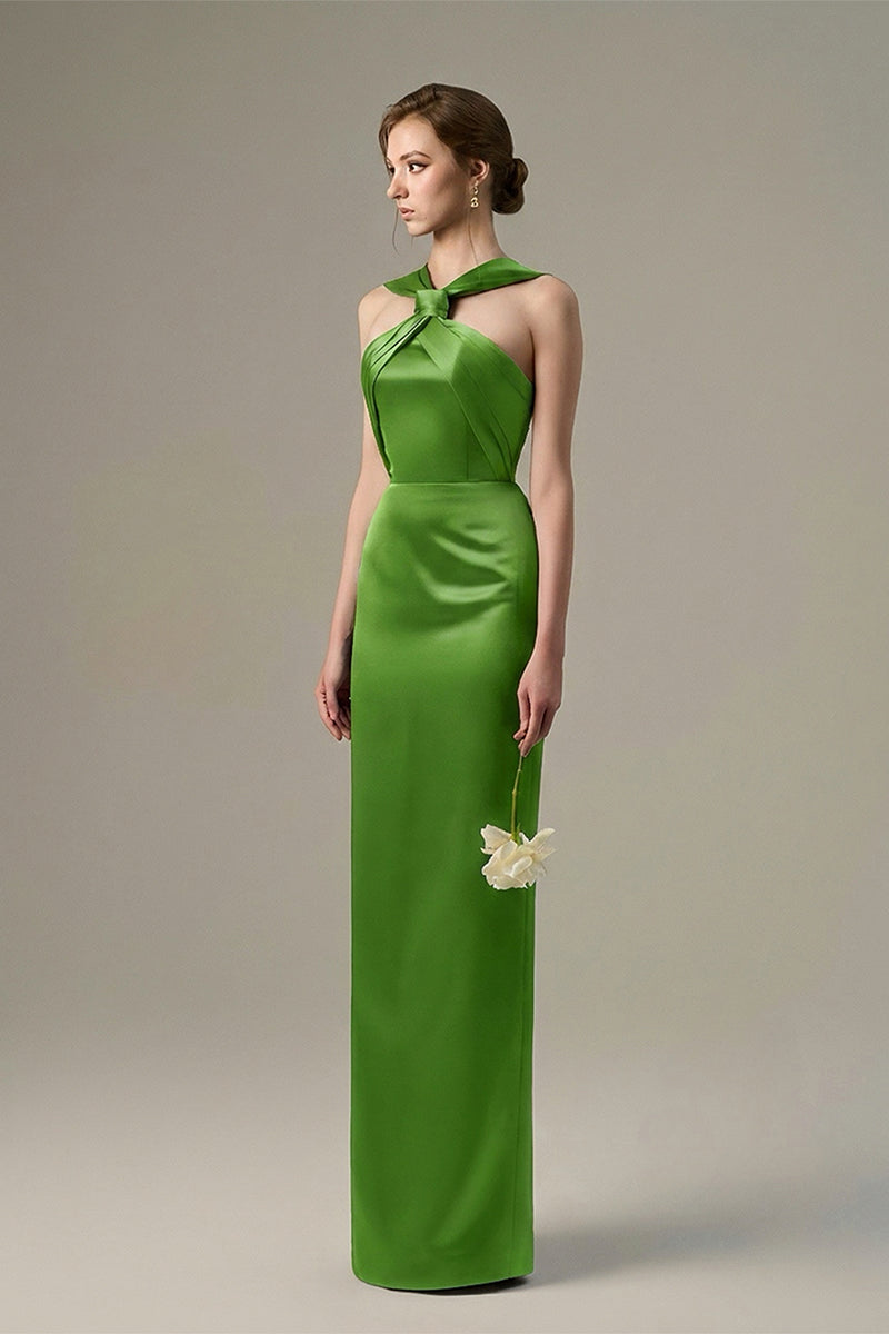 Green Satin Silk Dress With A Ruched Neckline And Tie