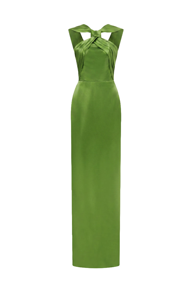 Green Satin Silk Dress With A Ruched Neckline And Tie