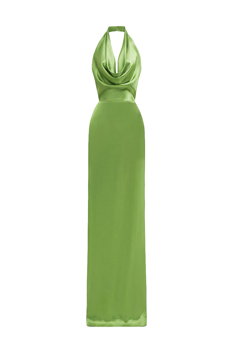 Green Satin Silk Halter Dress With Pleated Detailing