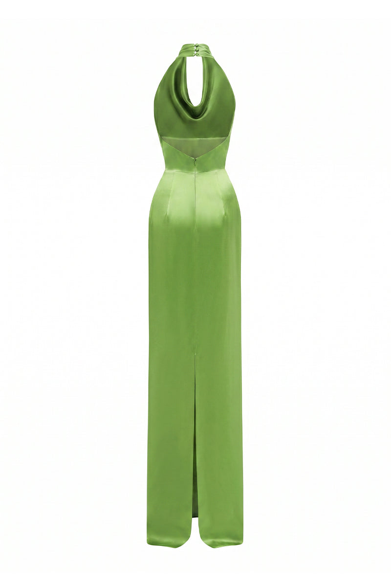 Green Satin Silk Halter Dress With Pleated Detailing