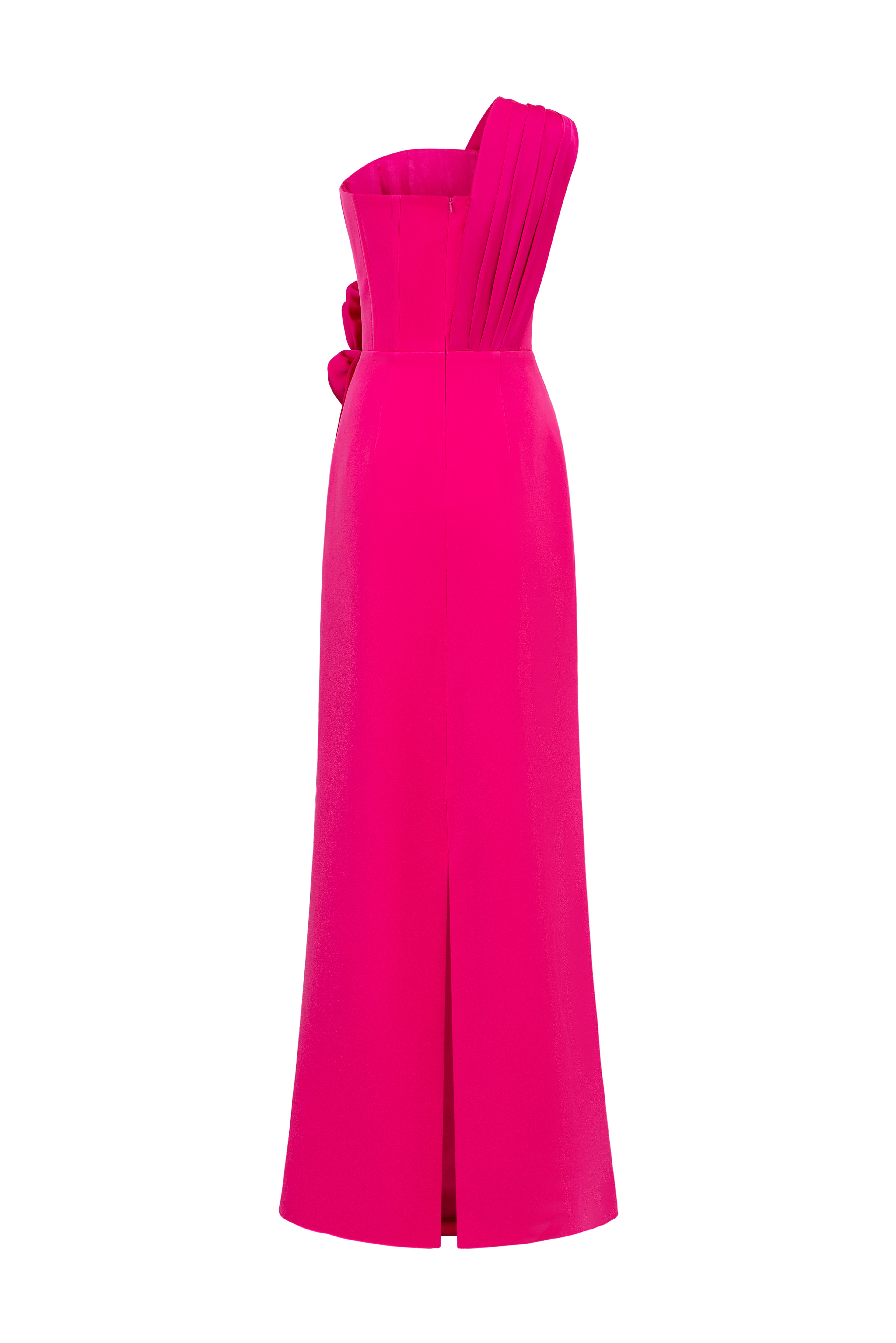 Pleated One-Shoulder Column Gown With Rose Draped Details