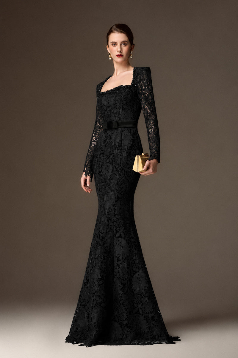 Trapeze Neck Mermaid Gown With Waist Belt In Cocoa Black Lily Floral Lace
