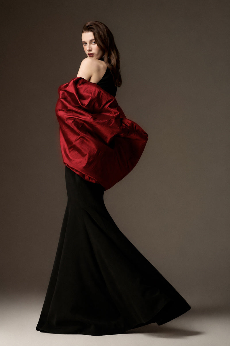 Round Neck Mermaid Gown With Draped Back Train In Black Crepe And Dark Red Taffeta