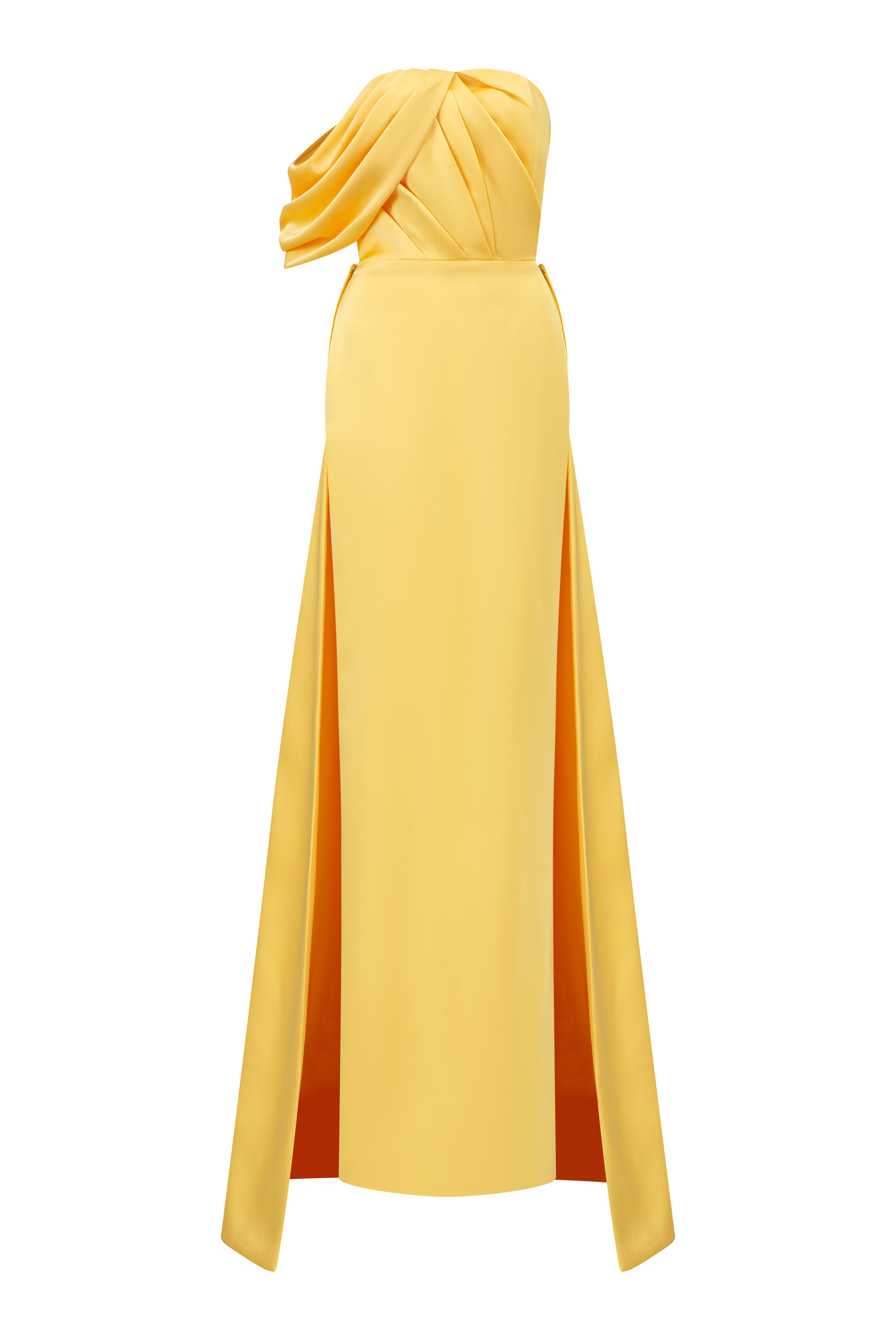 Asymmetrical Draped Strapless Column Silk Gown