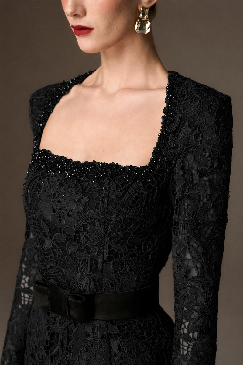 Trapeze Neck Mermaid Gown With Waist Belt In Cocoa Black Lily Floral Lace