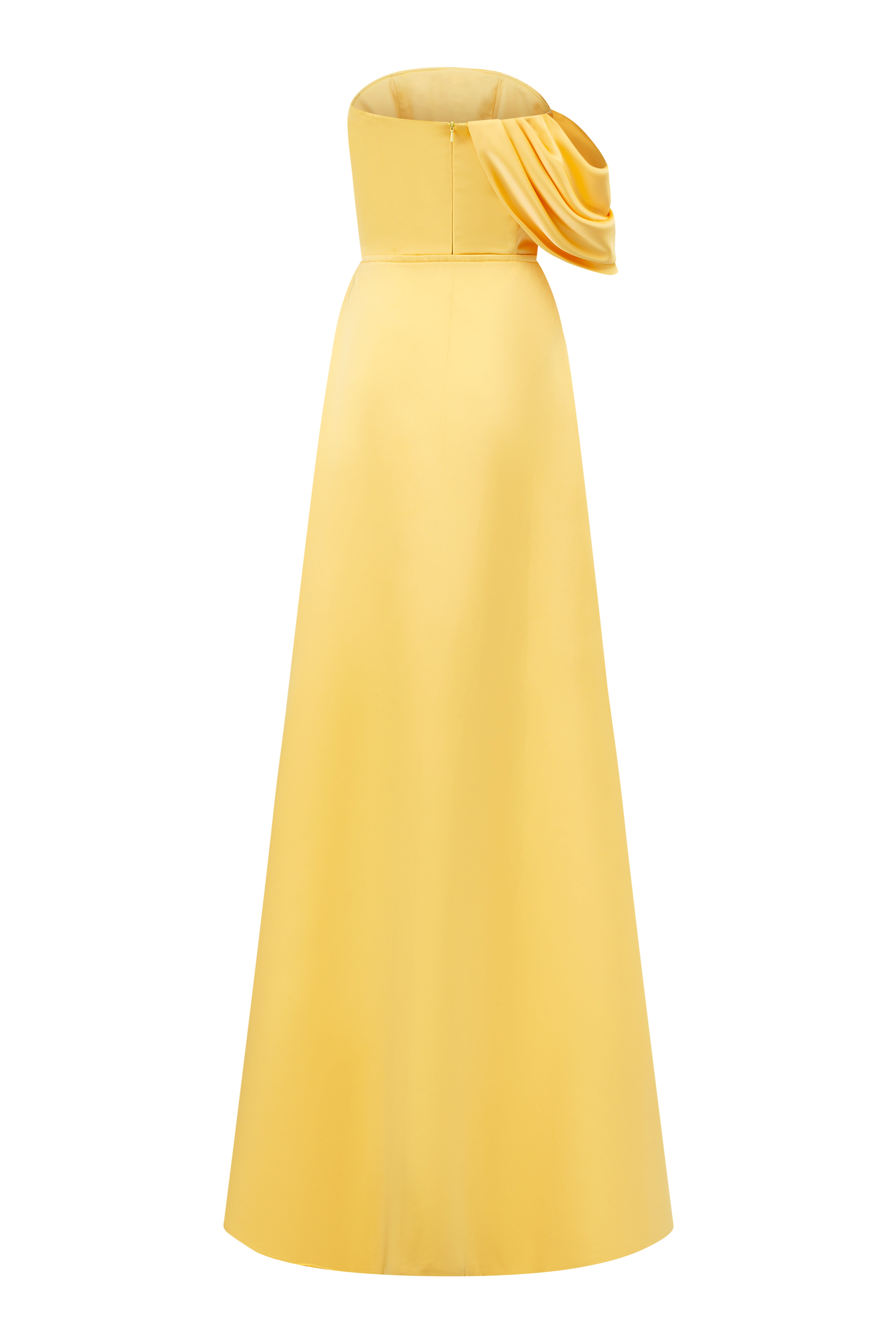 Asymmetrical Draped Strapless Column Silk Gown