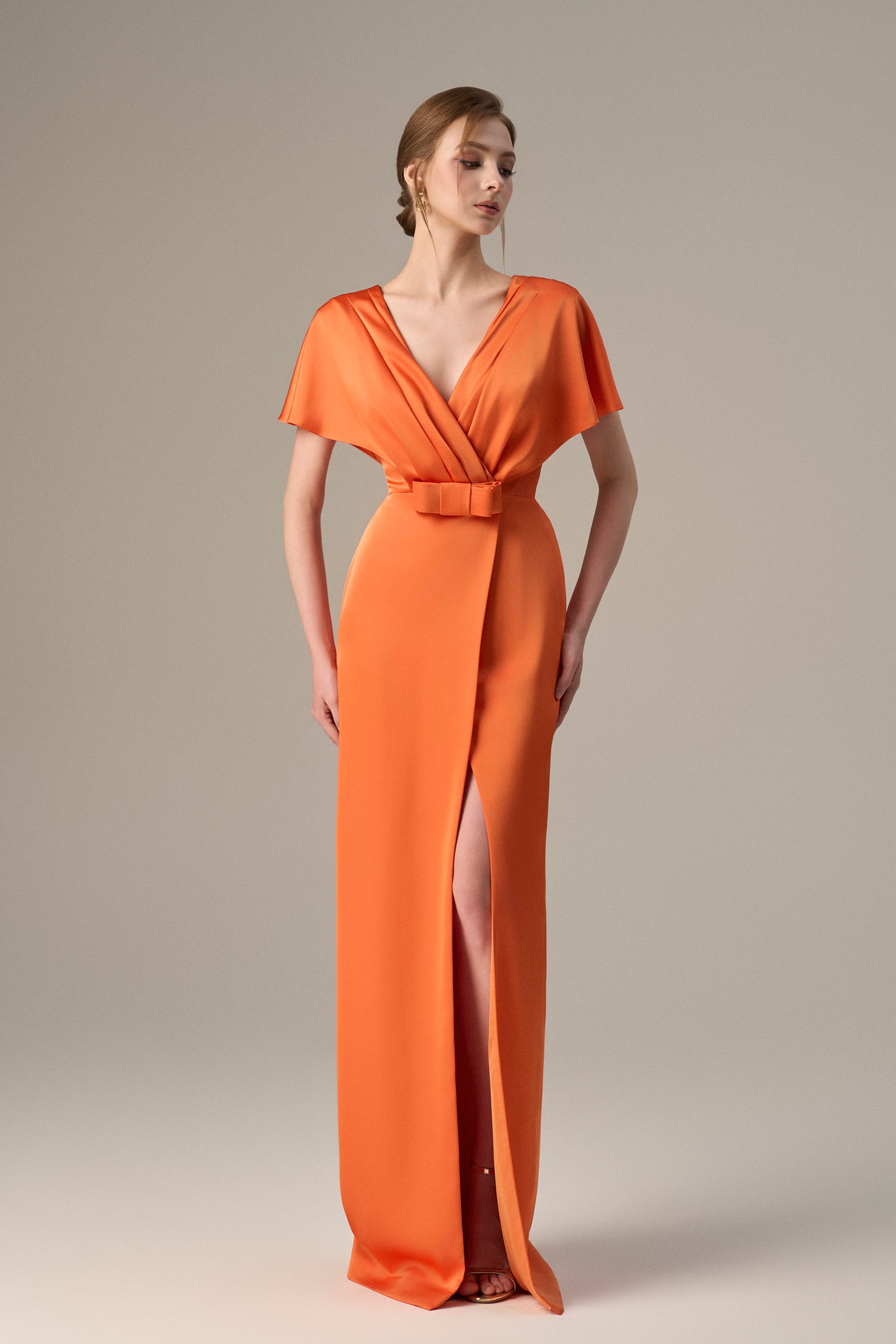 Orange Agate Silk V-Neck Dress With Flutter Sleeves And A Slit.