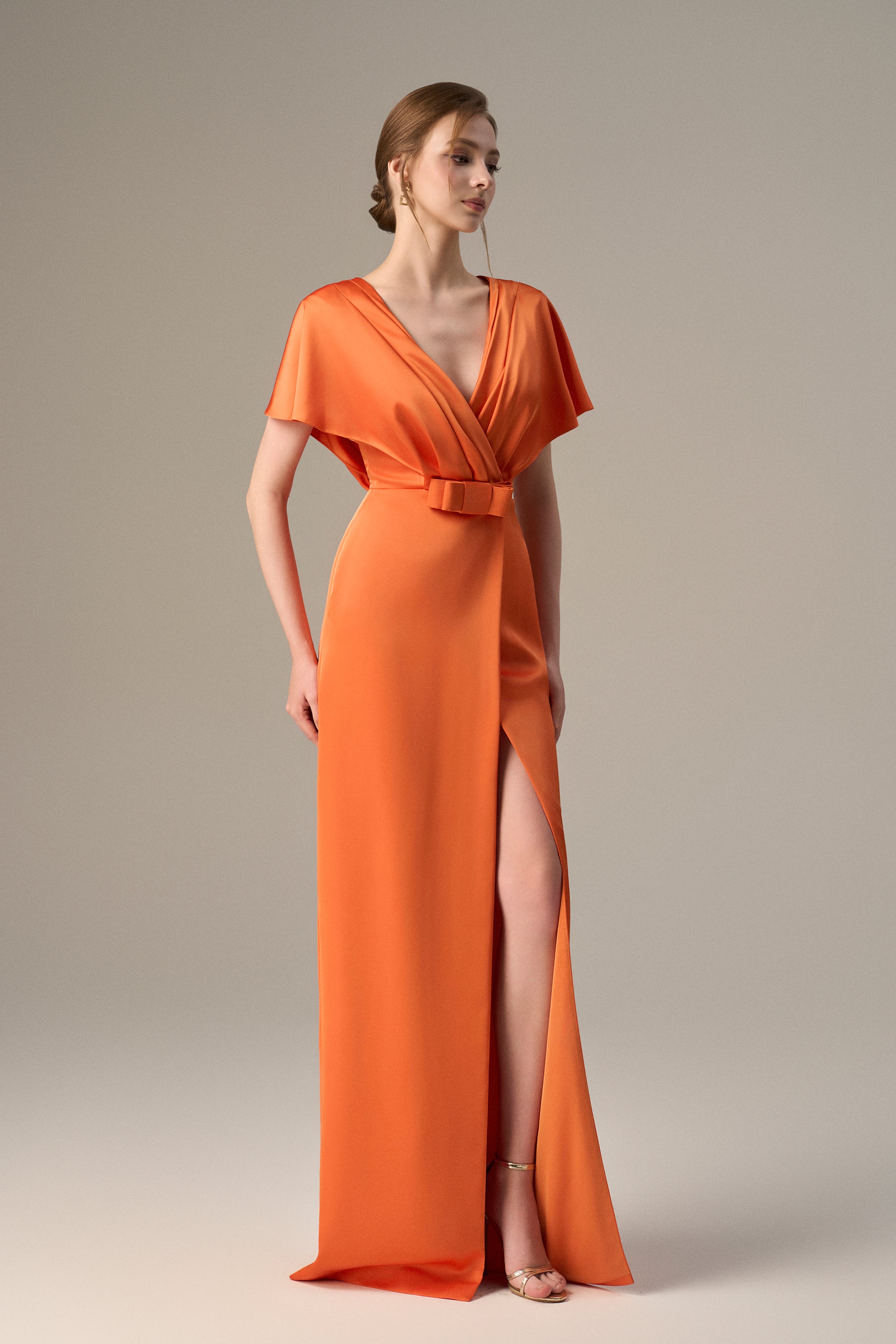 Orange Agate Silk V-Neck Dress With Flutter Sleeves And A Slit.