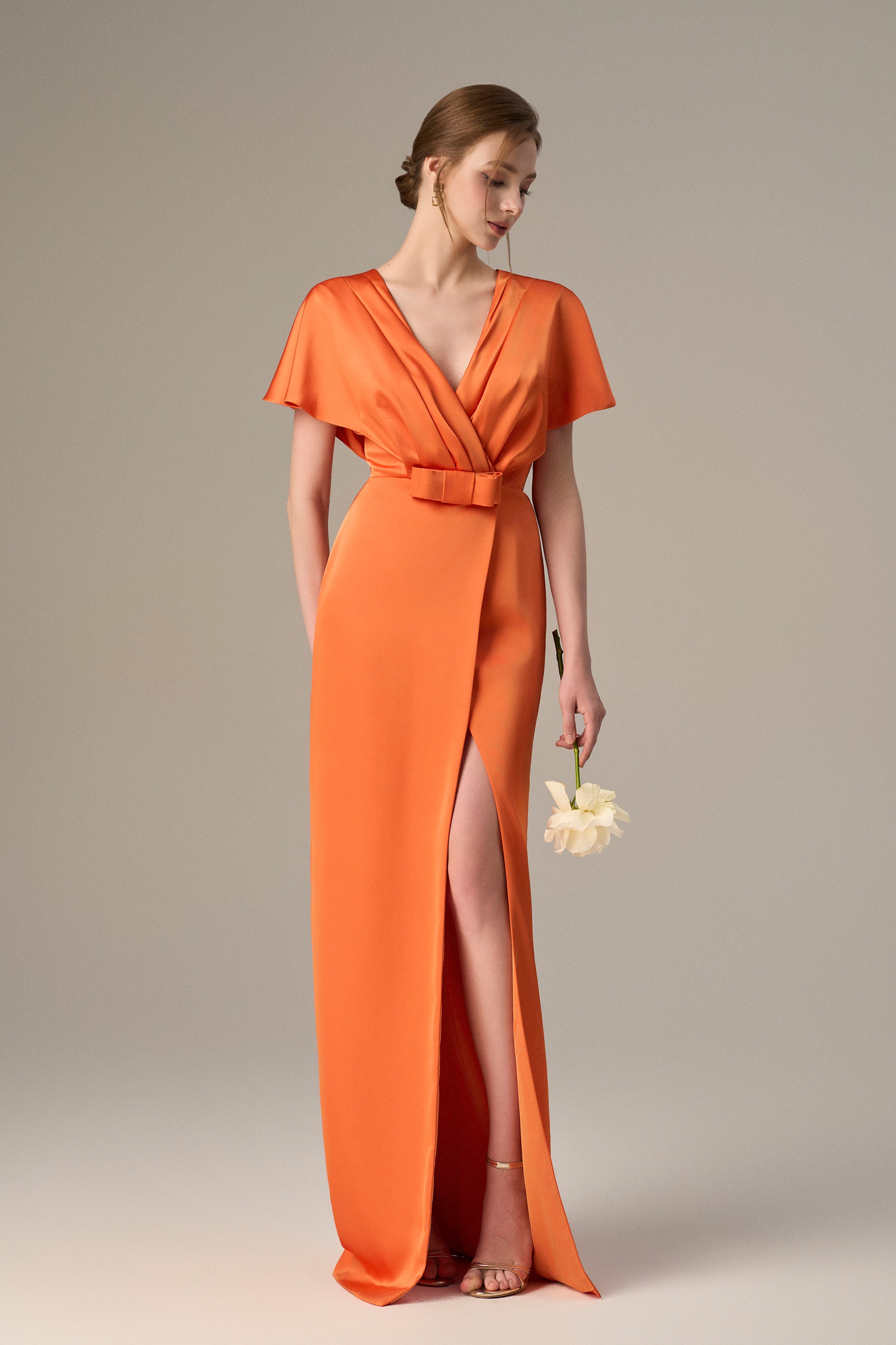 Orange Agate Silk V-Neck Dress With Flutter Sleeves And A Slit