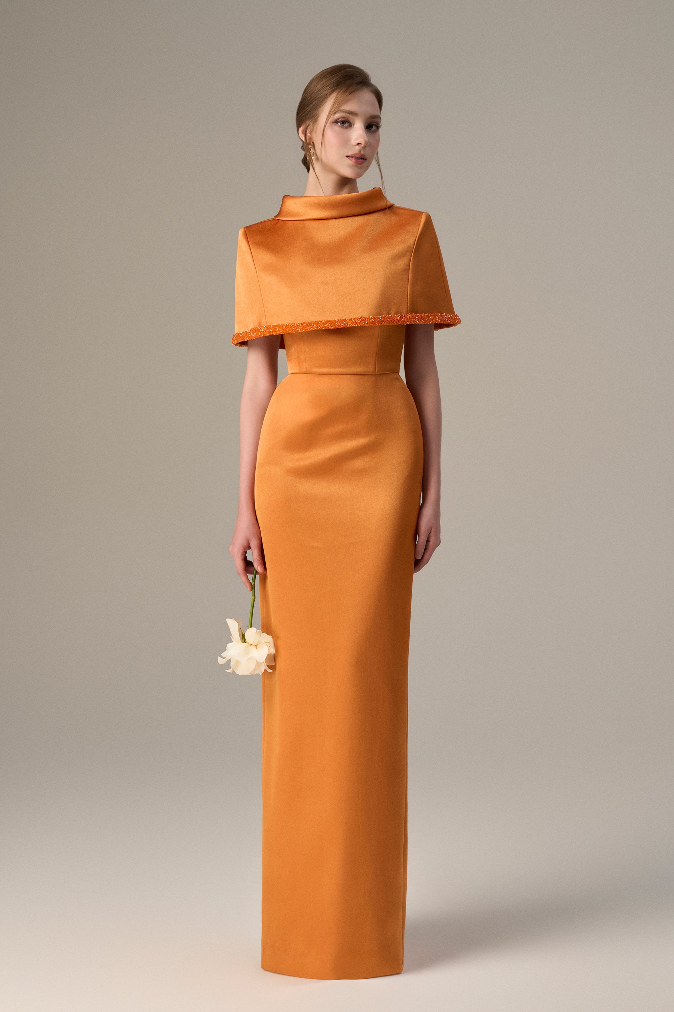 Orange Taffeta Dress With A Cropped Cape And Inverted Lapel
