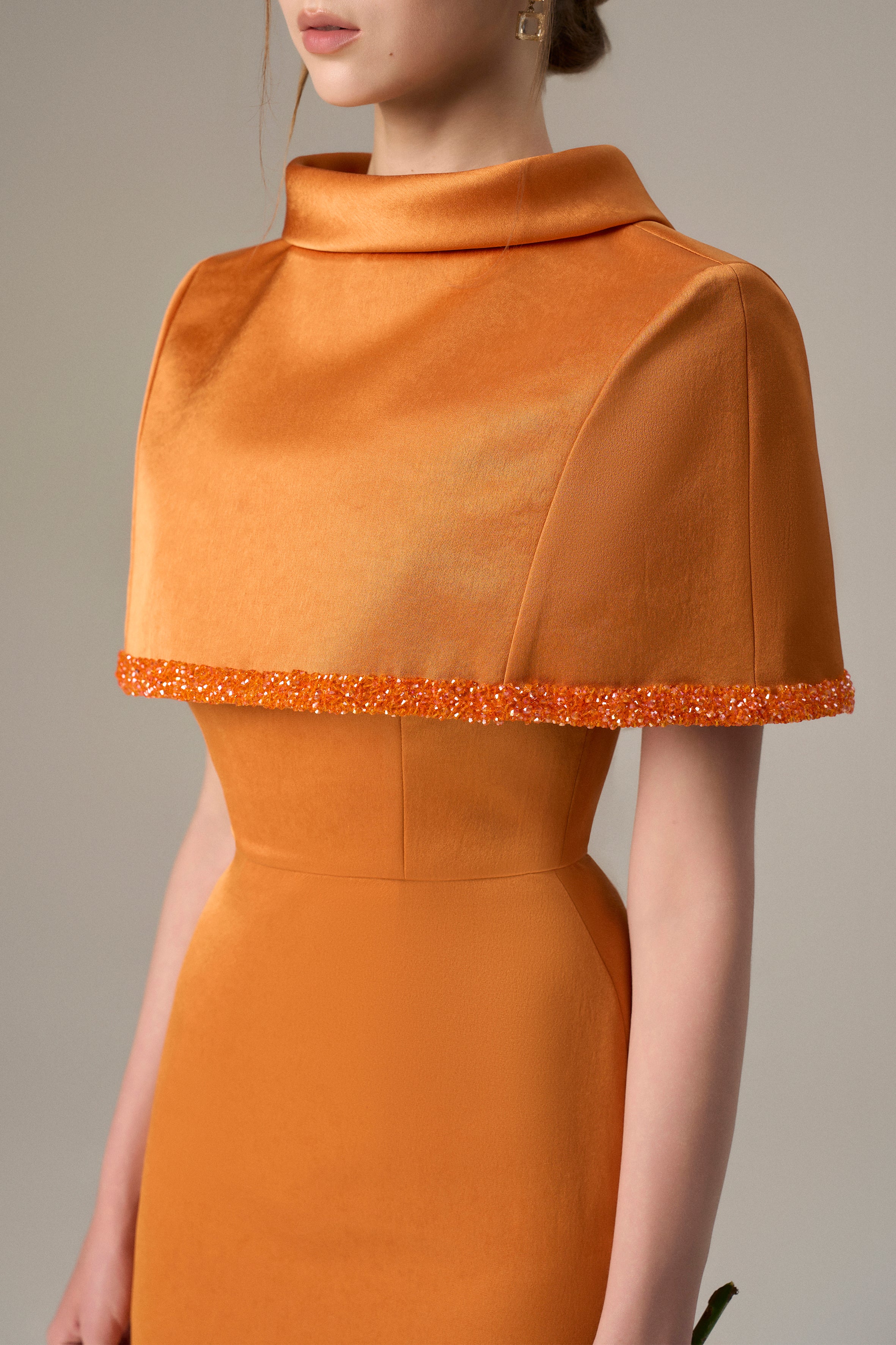 Orange Taffeta Dress With A Cropped Cape And Inverted Lapel