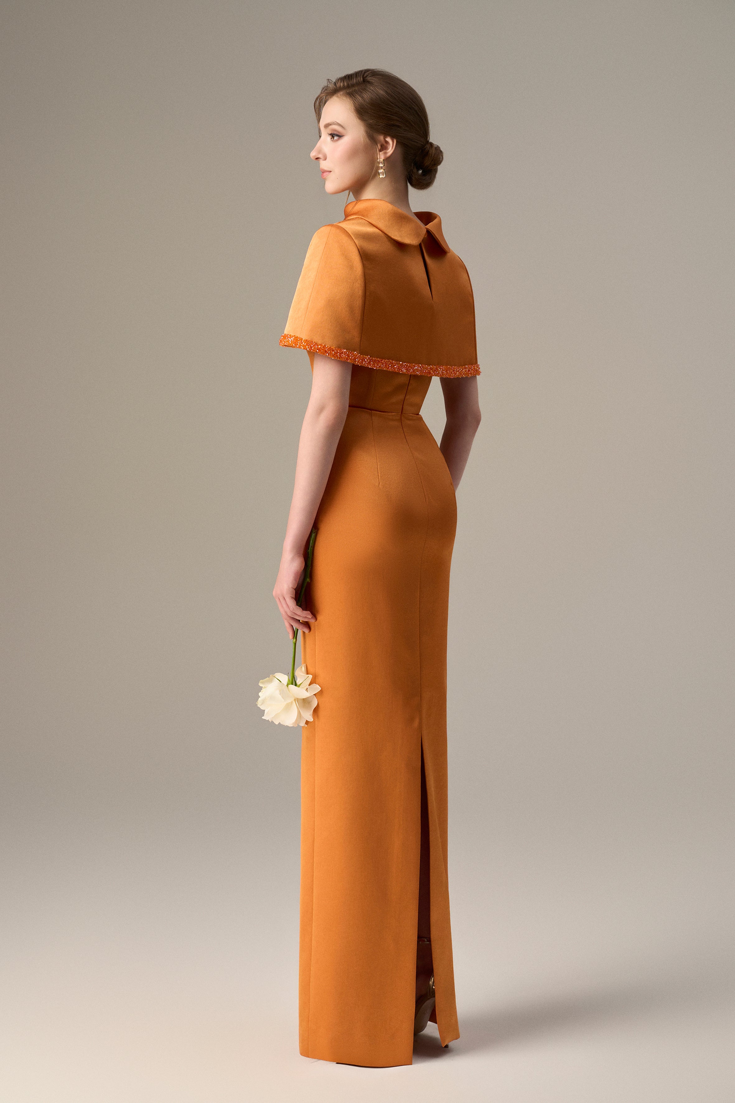 Orange Taffeta Dress With A Cropped Cape And Inverted Lapel