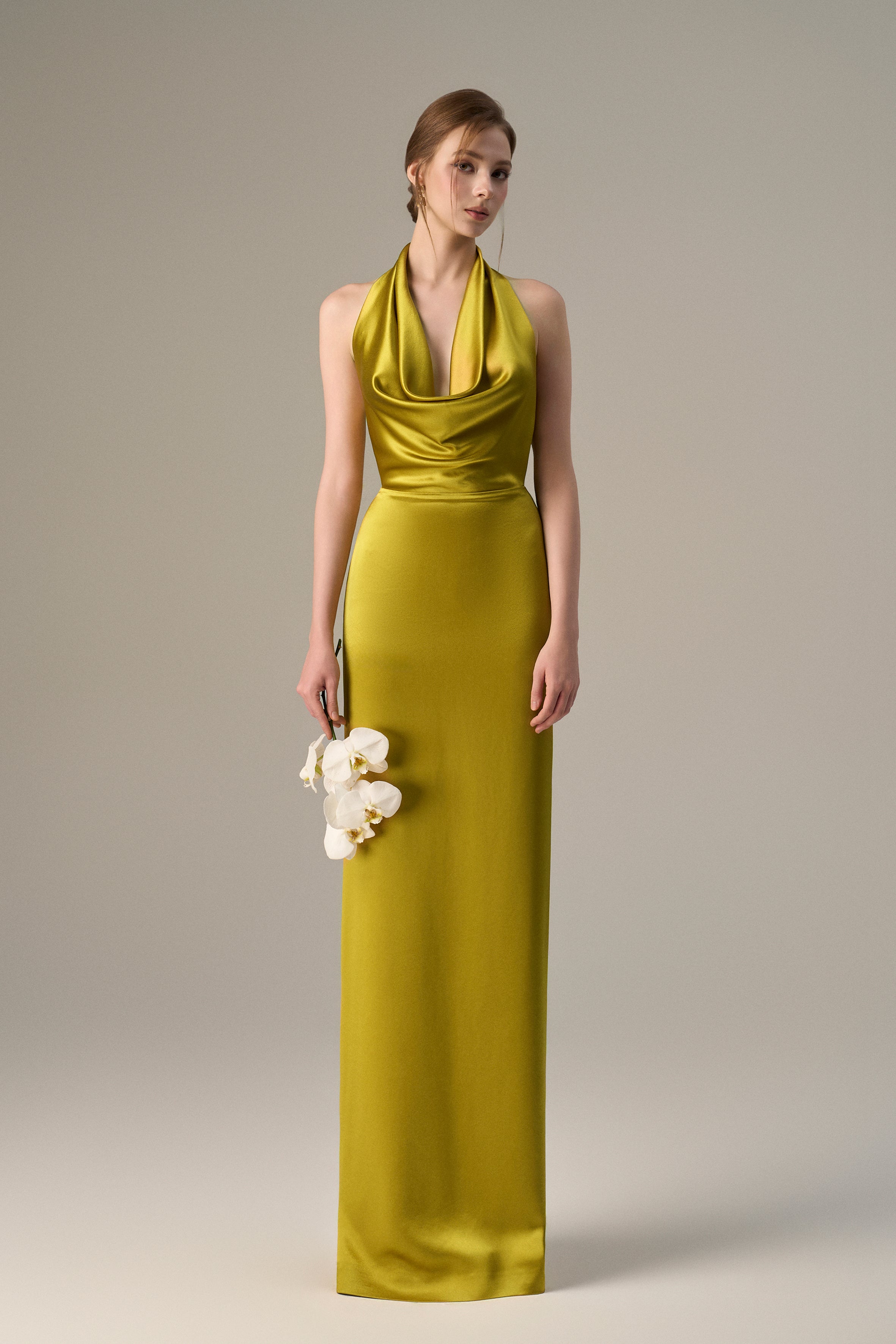 Yellow Satin Silk Halter Dress With Pleated Detailing