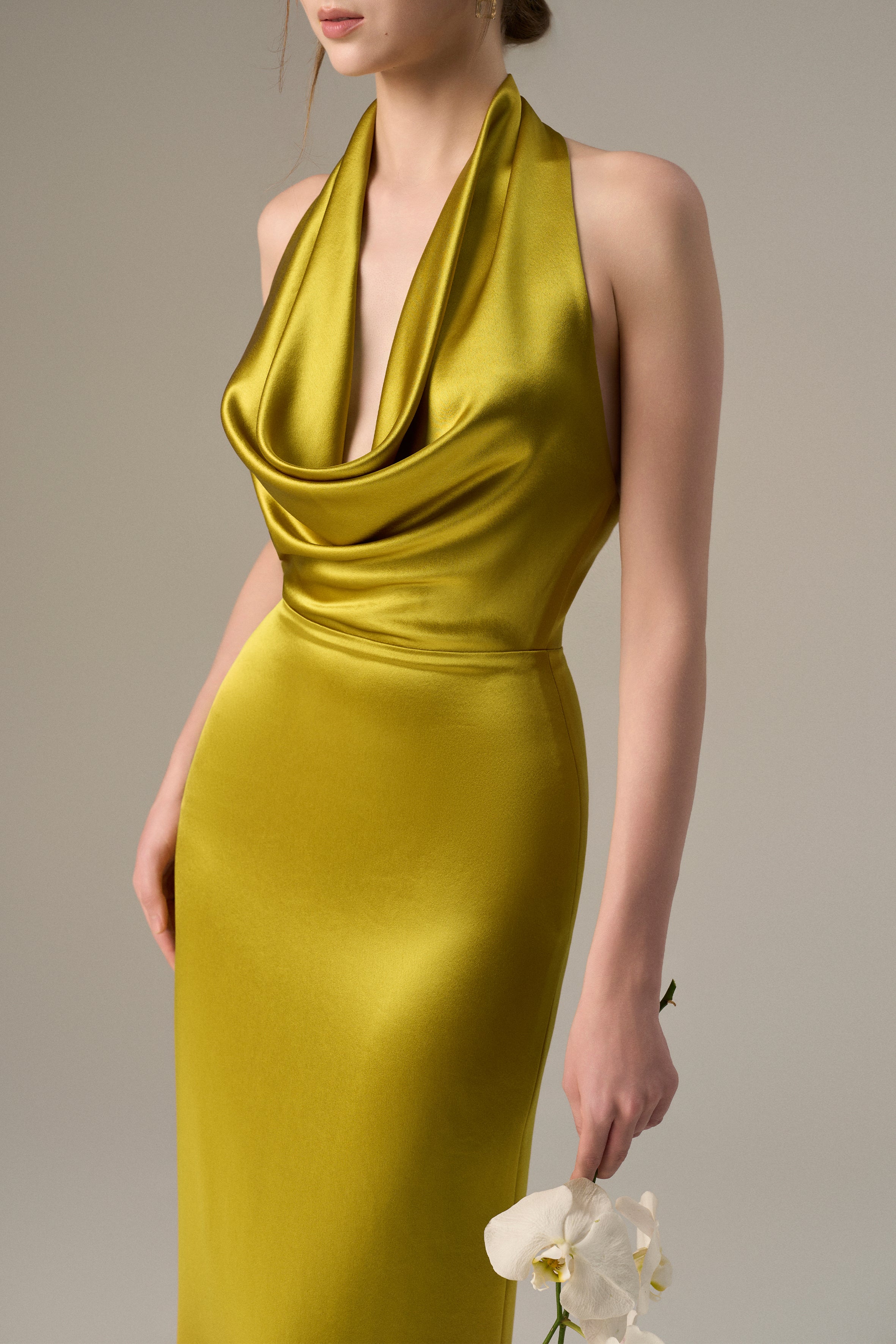 Yellow Satin Silk Halter Dress With Pleated Detailing