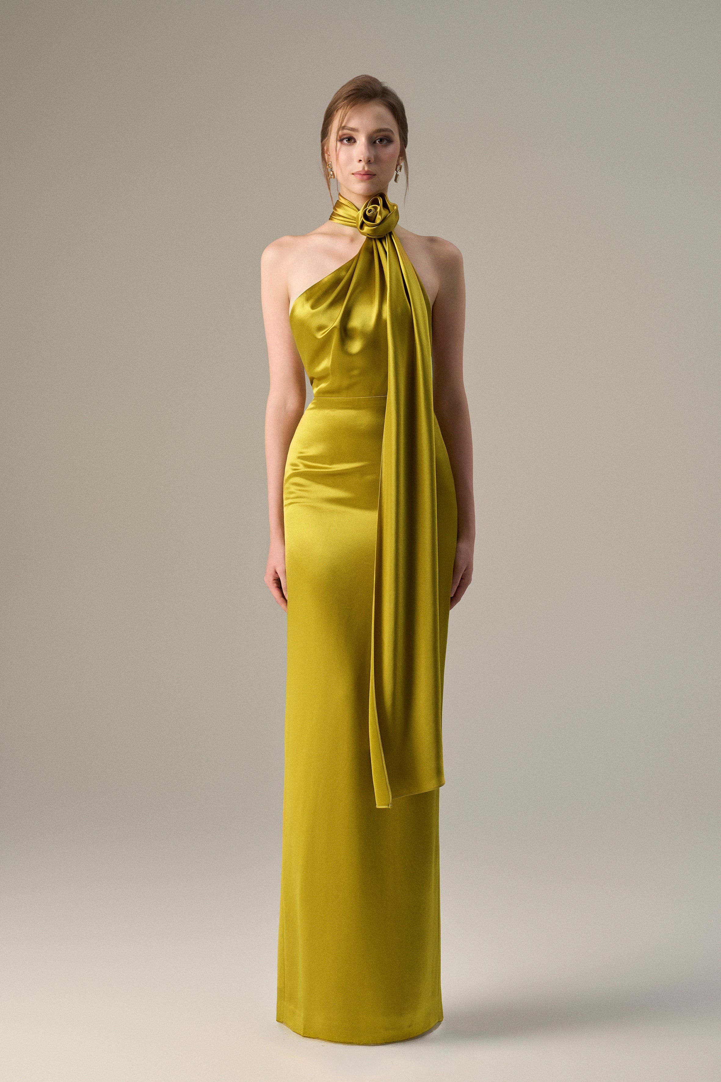 Yellow Satin Silk Halter Dress With Cross Detail And Pleated Drape